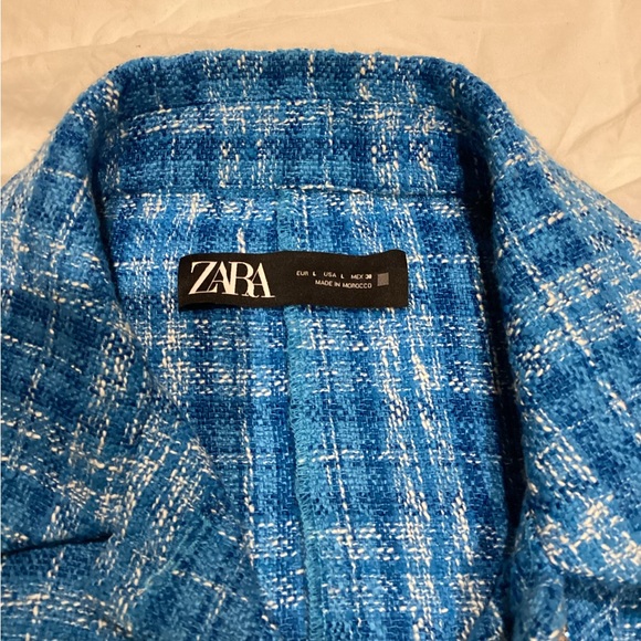 ZARA BLUE TWEED CROPPED LONG SLEEVE RHINESTONE BUTTON OVERSIZED JACKET SZ. L - Picture 11 of 15